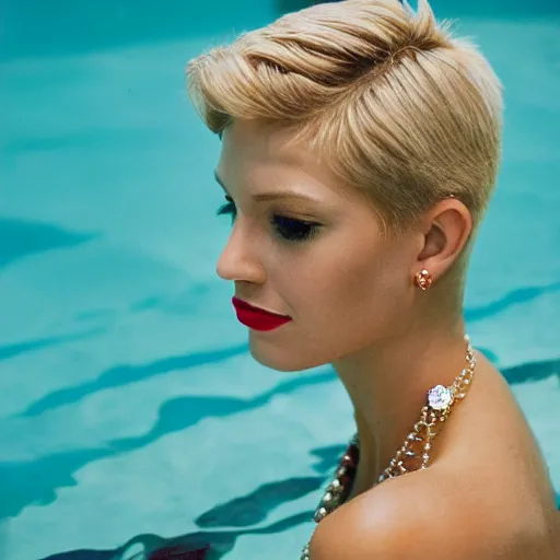 Image similar to a detailed portrait of a beautiful woman with short blond hair, look like model, wearing diamond earrings and necklace and rings, sitting in the pool, skinny, evening, los angeles landscape on background, 1 9 7 0 film photography