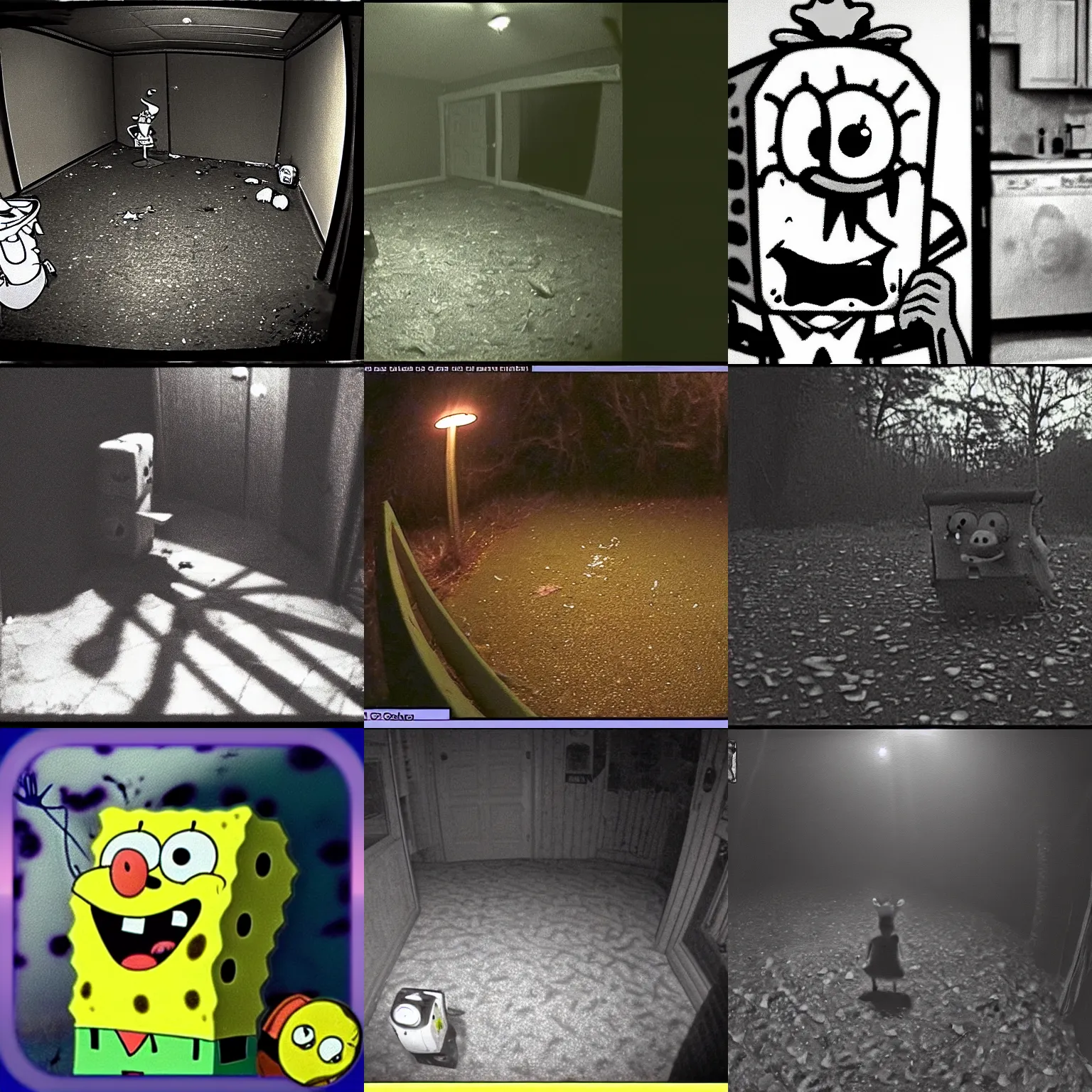 Prompt: trailcam footage of Spongebob having a breakdown, dramatic, scary, horror, night time