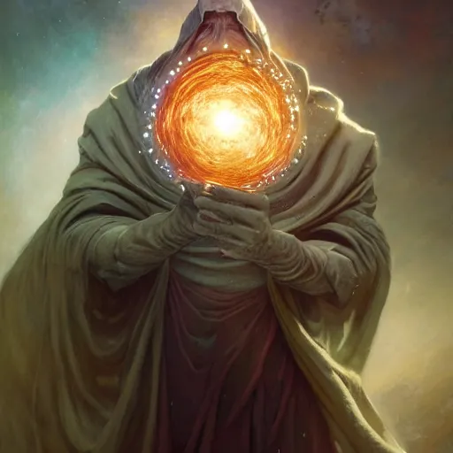 Image similar to the creator of worlds wearing a cloak and holding a holographic planet projection in his hand, detailed, sci - fi, digital painting, artstation, sharp focus, illustration, ominous, artgerm, tomasz alen kopera, peter mohrbacher, donato giancola, joseph christian leyendecker, wlop, frank frazetta