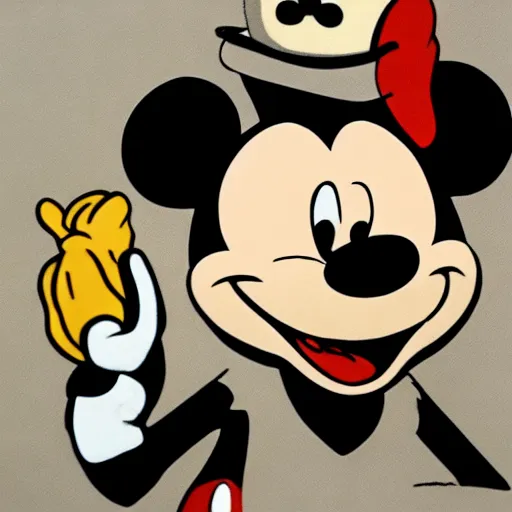 Prompt: mickey mouse holding a burrito by banksy, high definition