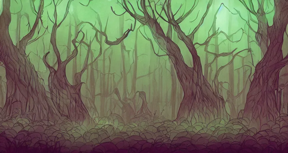 Prompt: A dense and dark enchanted forest with a swamp, by Rebecca Sugar