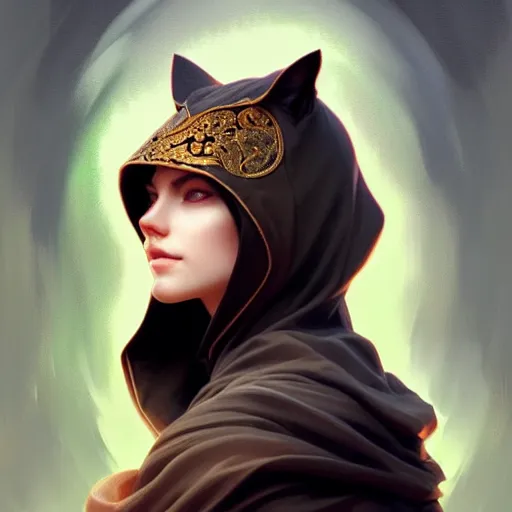 Image similar to portrait of cat wizard wearing a hood, face, fantasy, intricate, elegant, highly detailed, digital painting, artstation, concept art, smooth, sharp focus, illustration, art by artgerm and greg rutkowski and alphonse mucha