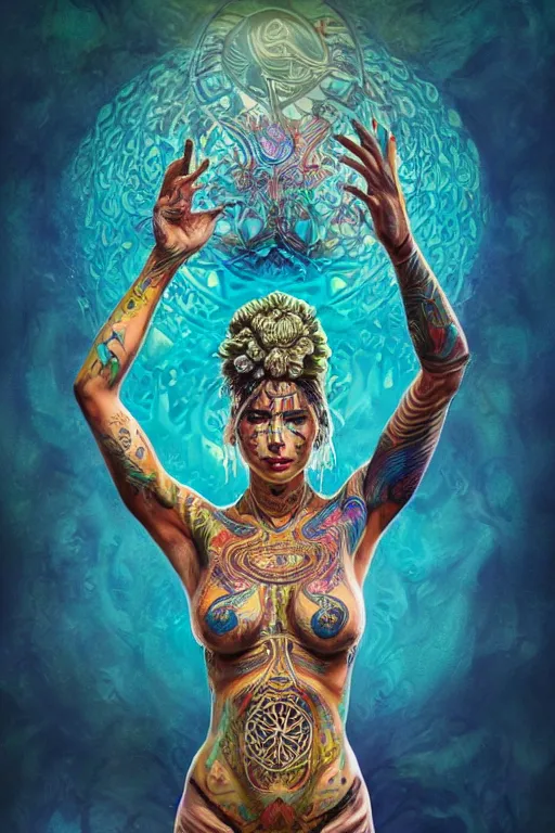 Prompt: a centered render of a alluring festival hippie with tribal tattoos surrounded by a underwater ink pour and flowing liquid gallium and sacred geometry, perfect body, face, hands, powerful, cinematic, beautifully lit, by artgerm, by karol bak, by donato giancola, by boris vallejo, 3 d, trending on artstation, octane render, 8 k