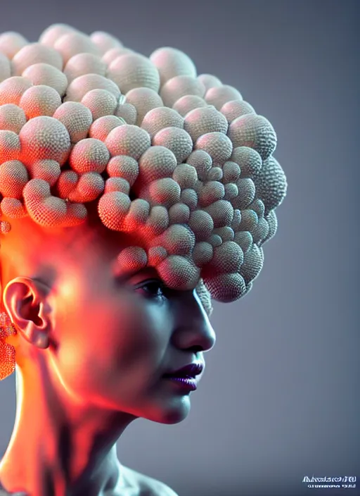 Image similar to intricate hyper detailed ultra sharp focus front shot 3 d render of a beautiful porcelain ivory afro woman, close - up, f 2. 8 1 5 0 mm bright light, sharp focus, elegant bionic cyberpunk red mechanical haute couture fractal mushroom corals, white mycelum and fungi head ornaments, alexandre ferra, octane render, volumetric cinematic lighting, 8 k,