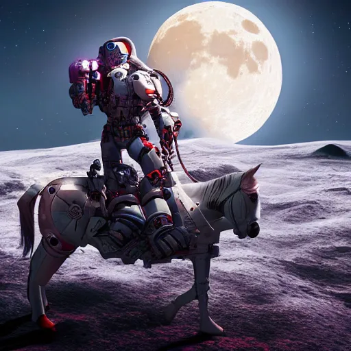 Prompt: A hyper real comic book style portait painting of cyborg riding on a robotic horse on the moon, unreal 5, hyperrealistic, octane render, cosplay, RPG portrait, dynamic lighting