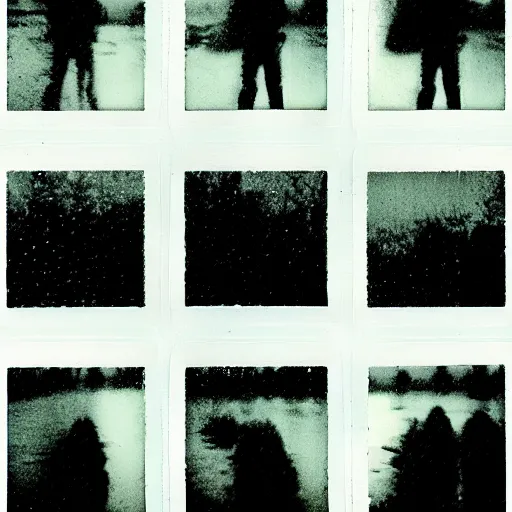 Prompt: mixed media, polaroid, silhouettes, threes, rain, reflection, double exposure, high contrast