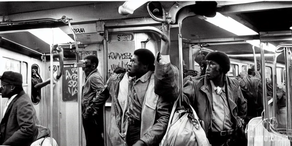 Image similar to new york subway cabin 1 9 8 0 s inside all in graffiti, black guy threatens another black guy with a gun, coloured film photography, christopher morris photography, bruce davidson photography