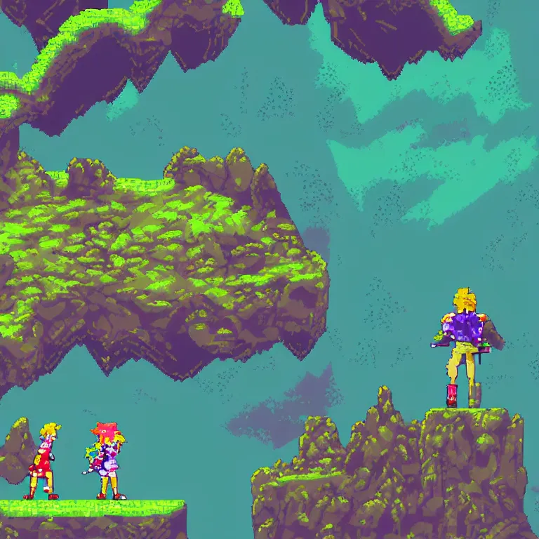 Prompt: screenshot from chrono trigger, pixel art of a dramatically lit night time scene of two colorful hikers wearing headphones and backpacks dancing quietly on a low rocky outcrop overlooking a wavy sea