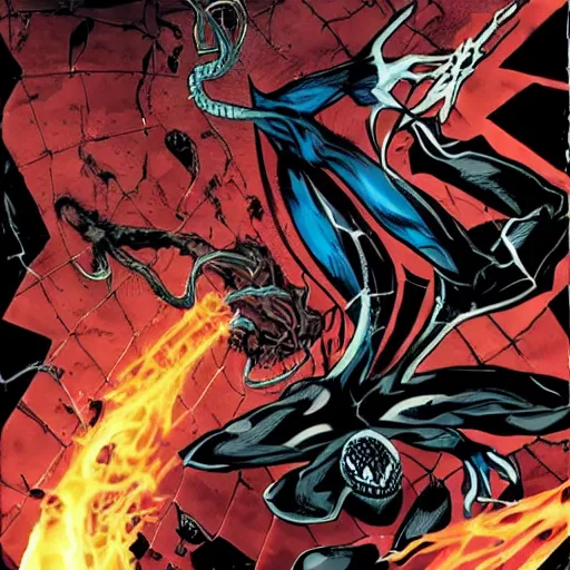 Prompt: venom beating the hell out of a injured Spider-Man that’s suit is ripped and mangled.