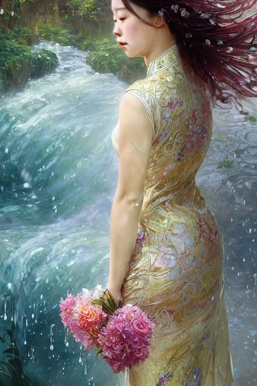 Image similar to portrait of a beautiful woman wearing a cheongsam dress, holding a bouquet of flowing flowers, drenched body, wet dripping hair, emerging from the water, fantasy, regal, fractal crystal, fractal gems, by stanley artgerm lau, greg rutkowski, thomas kindkade, alphonse mucha, loish, norman rockwell