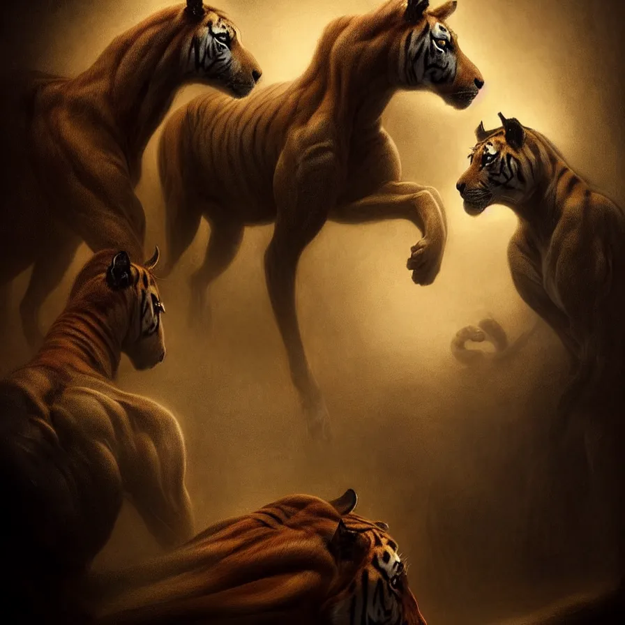 Prompt: epic professional digital art of 🐯🐴, atmospheric lighting, painted, intricate, detailed, foreboding, leesha hannigan, wayne haag, reyna rochin, ignacio fernandez rios, mark ryden, iris van herpen, best on artstation, cgsociety, wlop, pixiv, stunning, gorgeous, much wow, cinematic, masterpiece