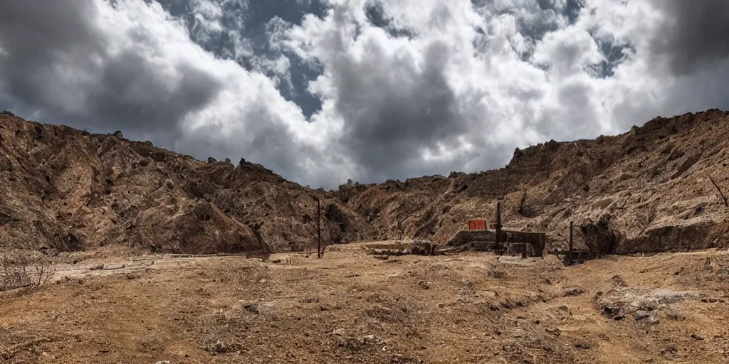 Prompt: a rocky face and dark entrance to an underground gold mine, tunnel, rock cliffs, mine carts, miners, cloudy sky, sparse trees, by John Chamberlain and Alex Gray