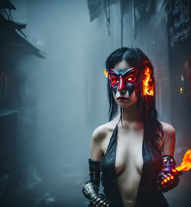 Image similar to a photo close up cyberpunk woman, wearing demon mask, fire dance in cyberpunk dirty alley, smoke mist rain, cyberpunk gunma prefecture, midnight, photorealistic, cinematic color, studio lighting, highly detailed, bokeh, style by tomino - sama