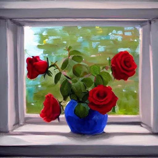 Image similar to A painting of a windowsill with flowers. Red rose. Blue violets. The natural light from the window would be shining in on the scene. Trending on artstation