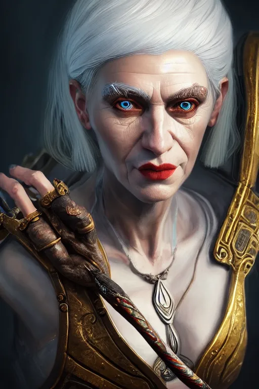Prompt: a painting of a middle aged woman with white hair in the style of god of war, golden machine parts, intricate, elegant, featured on cgsociety, photorealism, detailed painting, artstation hd, ultra detailed, concept art, smooth, sharp focus, illustration, a character portrait by pogus caesar, 8 k