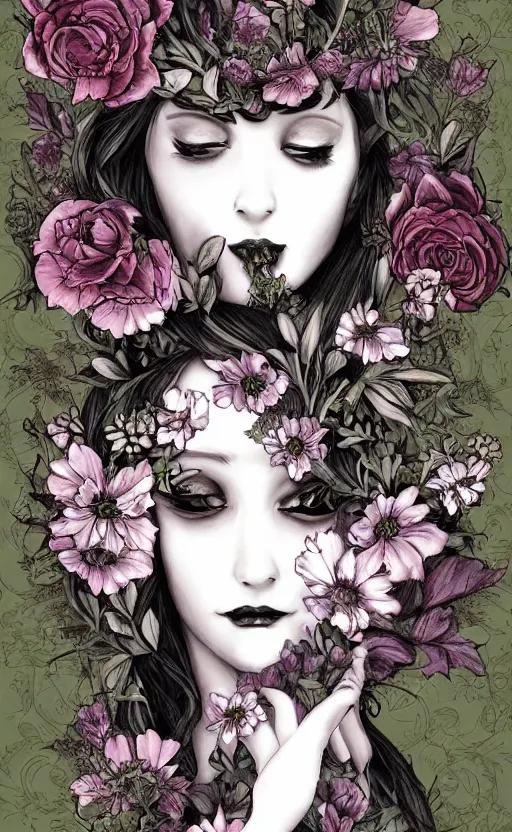 Prompt: tranquil oblivion, floral queen, Gothic flowers, artwork by artgem