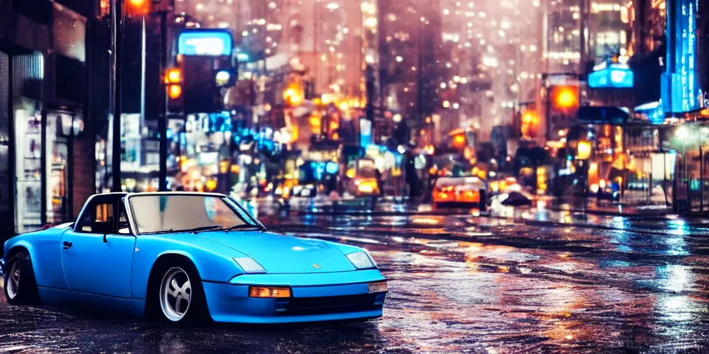 Prompt: blue porsche 9 1 4 convertable on a rainy city street, neon lights glowing, cinematic, ultrarealisitc, 4 k