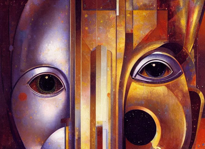 Image similar to a portrait headshot of sci fi metallic human, bright eyes, melancholic complex geometric figure liminal machinery by oskar schlemmer, moebius, john berkey, film grain, oil on canvas, portrait facial head, featured on artstation, hd wallpaper, 8 k, bright colors, global lighting