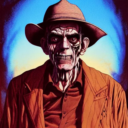 Image similar to full portrait of abe vigoda, disturbing horror zombie manga cover illustration by junji ito and joe fenton and syd mead and p. craig russell and barry windsor - smith, artstation, 4 k, graphic novel, concept art, matte painting, beautiful american rustic western landscape sunset background, golden hour, art nouveau