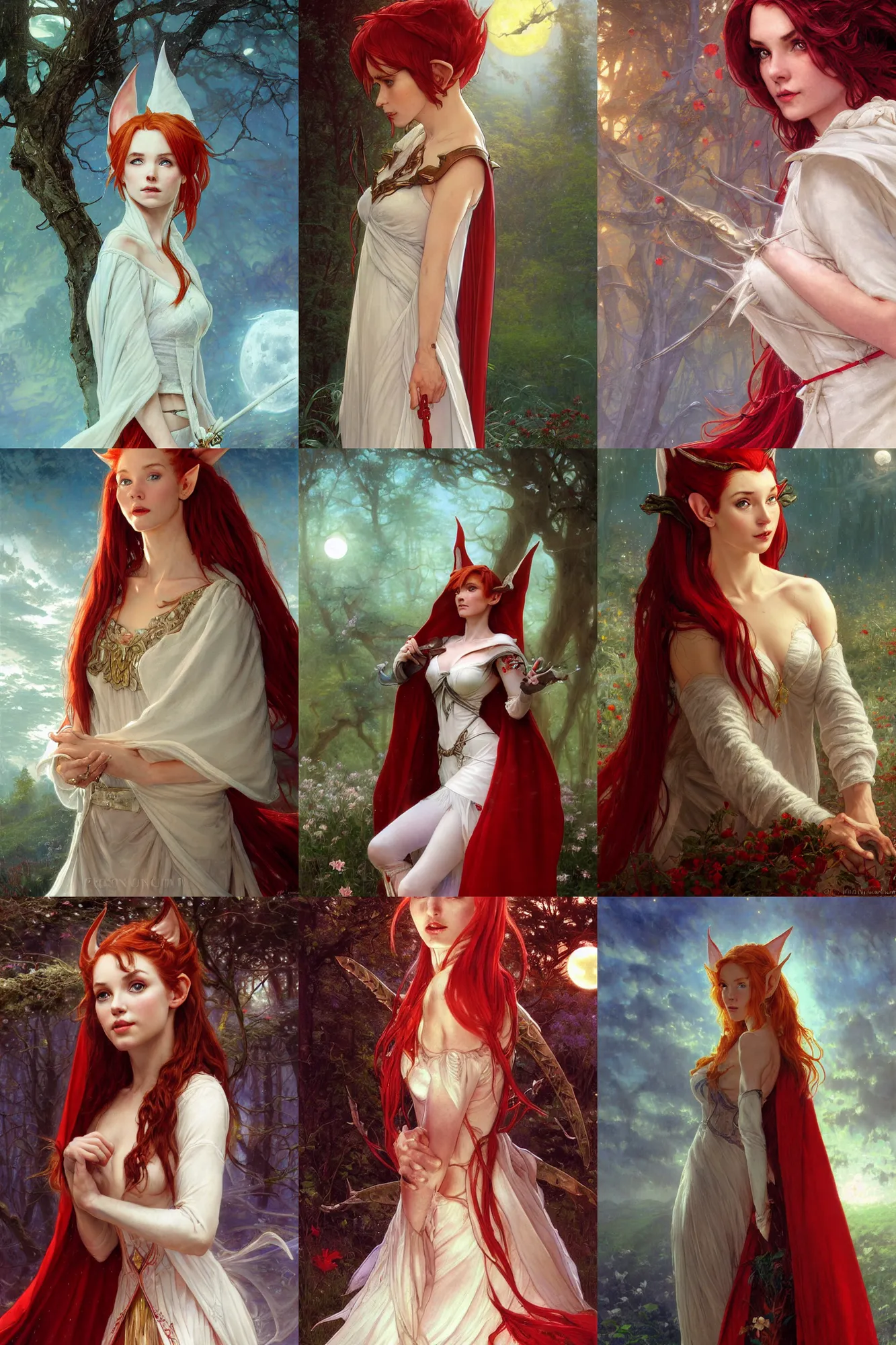 Prompt: closeup highly detailed portrait of beautiful high-fantasy elf girl with red hair long pointed ears wearing an off-white gown and a red cloak, moonlight, night, ethereal, intricate details, rule of thirds, by Stanley Artgerm Lau, by greg rutkowski, by thomas kindkade, by alphonse mucha, loish, by norman rockwell J.