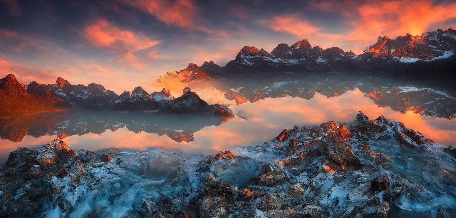 Image similar to amazing landscape photo of mountains with lake in sunset by marc adamus, beautiful dramatic lighting