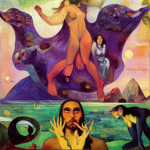 Image similar to floating psychedlic eldritch stream pyramid jaguar bottle feather lambrusco, by paul gauguin and edouard manet and karol bak, renaissance painting, cyberpunk, child's drawing