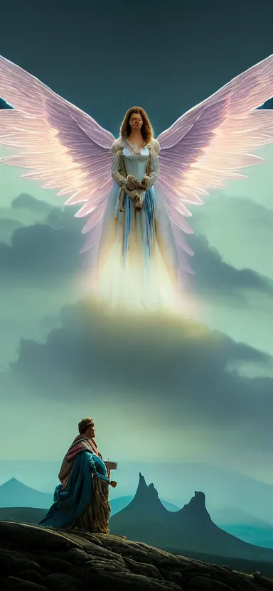 Image similar to royalty angel, big wings, argentina, hudson river school, max rive, full plate armor with cloth, f 1 6, bokeh, gentle, female, snowy mountain, storm clouds, god rays, landscape, d & d, fantasy, elegant, teal pink white gold color palette, concept art, roger deakins and greg rutkowski and alphonse mucha