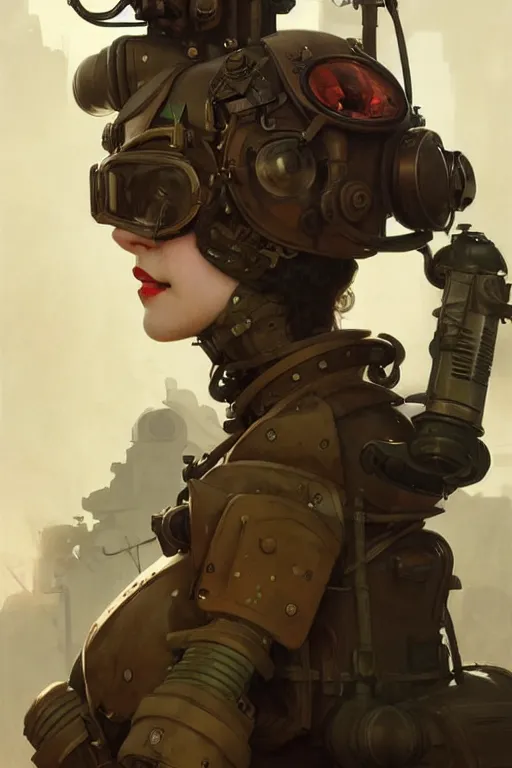 Image similar to dieselpunk soldier girl, helmet, shoulders, chest, portrait, armored, highly detailed, sharp focus, art, illustrations by wlop and alfons maria mucha and irakli nadar and loish and rossdraws