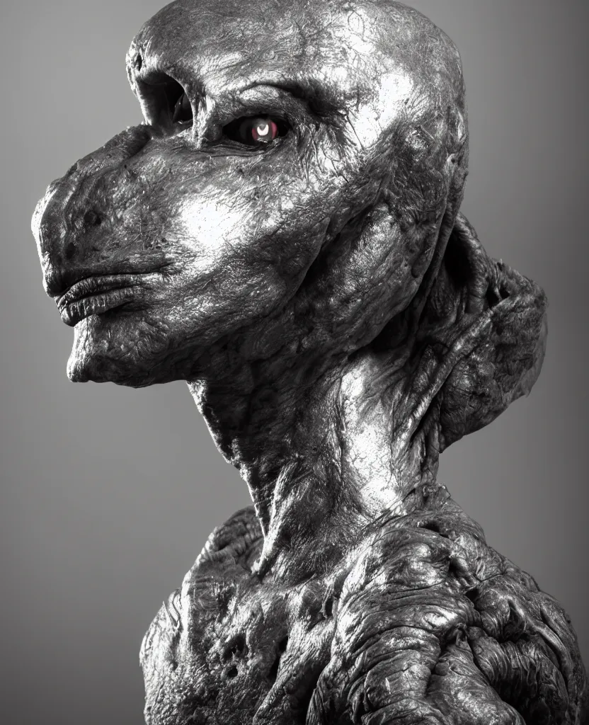 Image similar to a heroic portrait of a humanoid alien, low camera angle, 50mm lens, dramatic rim lighting