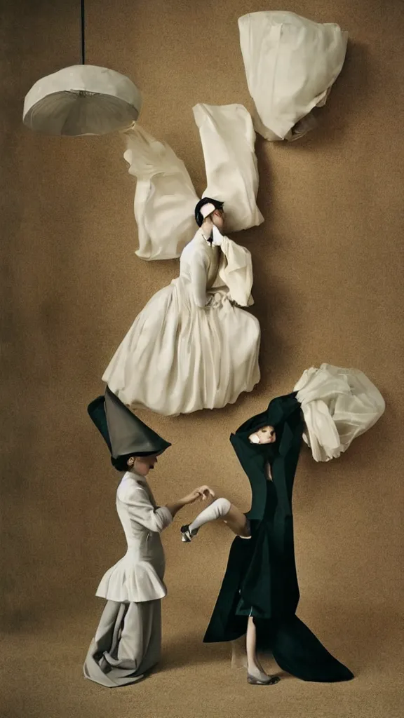 Image similar to Editorial photoshoot for Vogue Italy, haute couture, vintage inspired, cinematic, inspired by the paintings of Edward Hopper and René Magritte photographed and lensed by Tim Walker