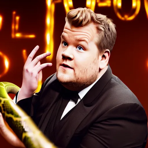 Prompt: james corden as a snake who is annoying to everyone in his surroundings, photo, cinematic, 8 k