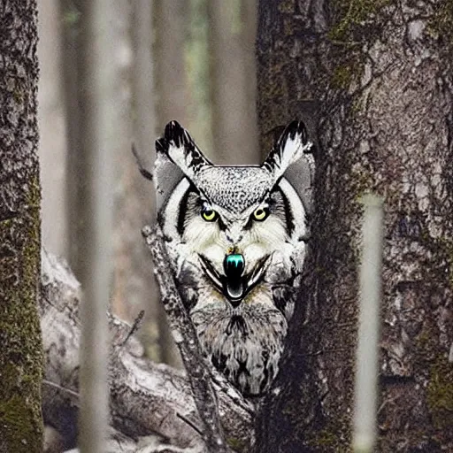 Image similar to mixture between an! owl and wolf, captured in a forest