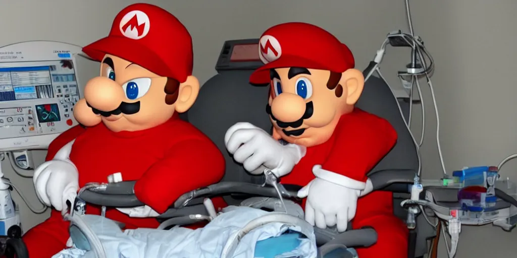 Prompt: anthropomorphic mario as an anesthesiologist, sitting in chair, ventilator machine, photo