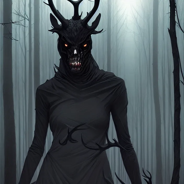 Prompt: style artgerm, joshua middleton, artgerm, rafael albuquerque : : scary wendigo with antlers and skull face mixed with werewolf : : [ [ beautiful witch wearing a black dress, symmetrical face, on the right side ] ] : : in the forest, detailed, dark and foggy, cinematic lighting