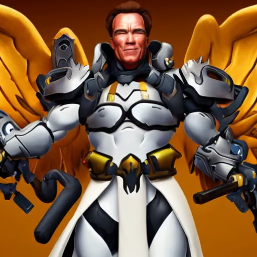 Image similar to a screenshot of arnold schwarzenegger as mercy in overwatch, full body shot