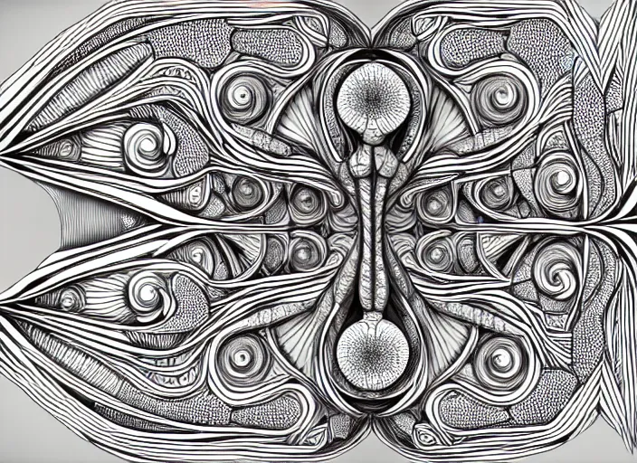 Prompt: symmetry! fetus, intricate, elegant, highly detailed, concept art, centered, closed forms, smooth, sharp focus, lineart, illustration, 3 d occlusion, penned with black on white on gray, 8 k