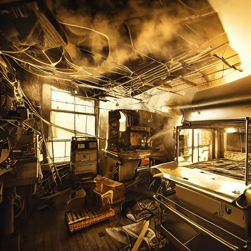 Image similar to toaster oven connected to 1 0 0 cables, symmetry, dark messy smoke - filled cluttered workshop, dark, dramatic lighting, orange tint, sparks, cinematic, highly detailed, sci - fi, futuristic, movie still