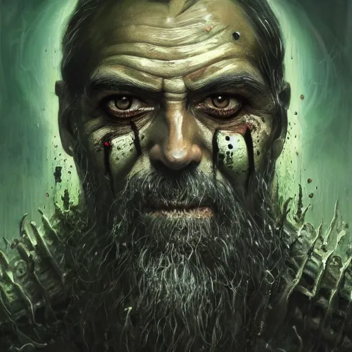 Image similar to closeup portrait shot of george clooney as nurgle, the lord of pestilence, the plaguefather, great corrupter, decay, highly detailed, digital painting, artstation, concept art, soft focus, depth of field, artgerm, tomasz alen kopera, peter mohrbacher, donato giancola, wlop, boris vallejo