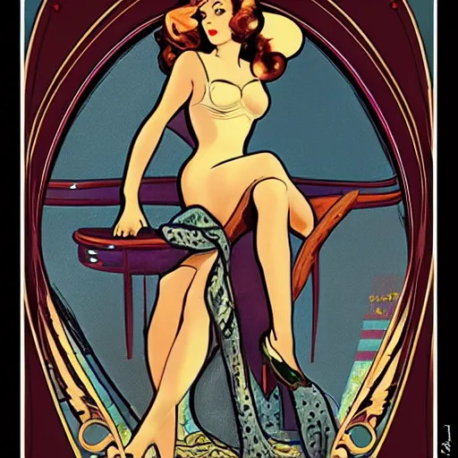 Image similar to a pin up, art nouveau style