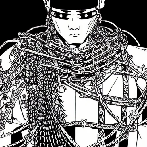 Image similar to samurai cyberpunk under a full moon wrapped in chains ,ink art In the style of Moebius drawing