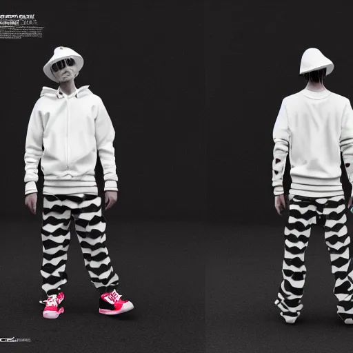 Image similar to streetwear collection, fashion show, lookbook, in the style of grand chamaco and pedro conti and stanley kubrick, inspired by die antwoord, photorealistic, epic, super technical, 3 d render