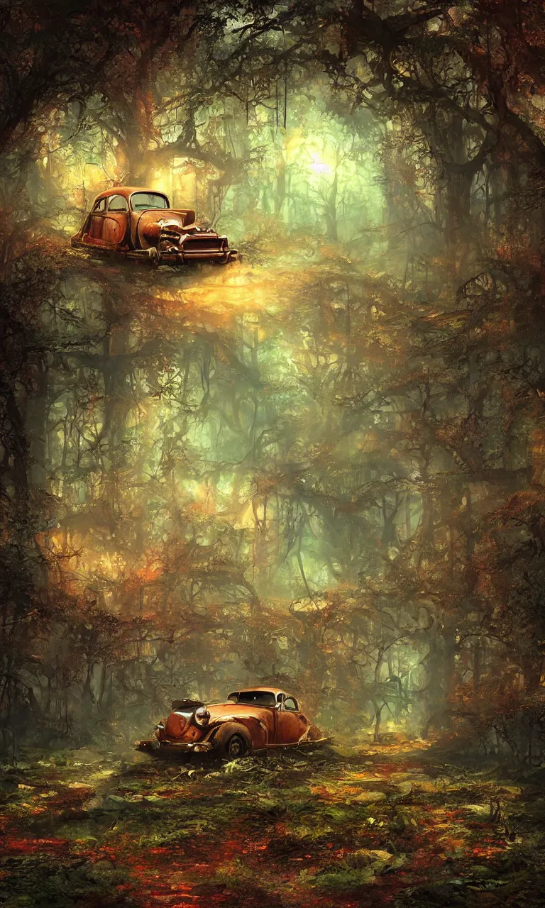 Prompt: a beautiful painting of an old rusted dieselpunk car in an enchanted forest, by heinrich schlitt, marc simonetti and john howe, artstation. fairies. early evening. volumetric lighting