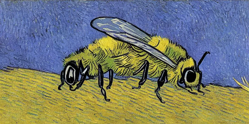 Prompt: a fat bee in grass, by vincent van gogh