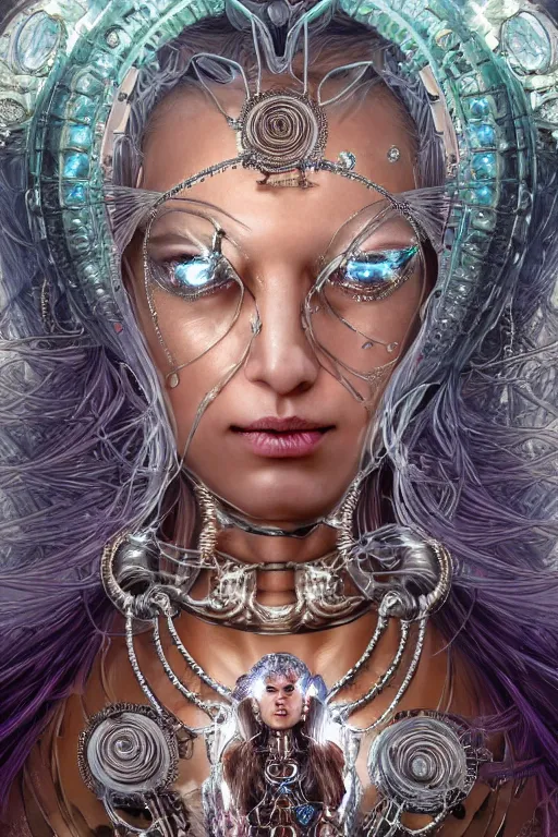 Image similar to a centered render of an alluring wild post apocalyptic cyborg goddess with wearing ornate silver and gemstones and crystal clothing surrounded by flowing liquid gallium jellyfish and sacred geometry, perfect body and face, gorgeous, cinematic, beautifully lit, by artgerm, by karol bak, by donato giancola, 3 d, trending on artstation, octane render, 8 k