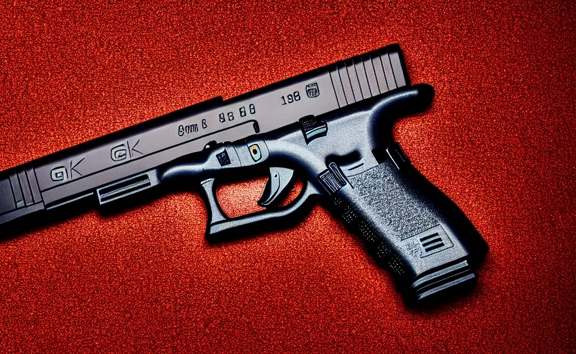 Image similar to photograph of a Glock 18, on a table, shot by Quentin Tarantino, one point perspective, 1-point perspective, sigma 85mm f/1.4, 4k, depth of field, high resolution, 4k, 8k, hd, full color
