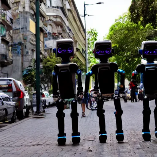 Prompt: Humanoid robots in the streets of Buenos Aires, helping people find their way, on the sidewalk