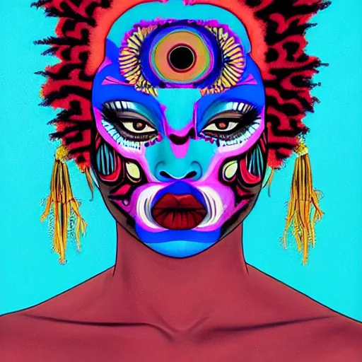 Prompt: Art in the style of Harumi Hironaka, Georgia Anne Muldrow, VWETO II, album art, 1970s, turquoise, side portrait, tribal mask inside mask, animalia, afro-psychedelia, afrocentric mysticism