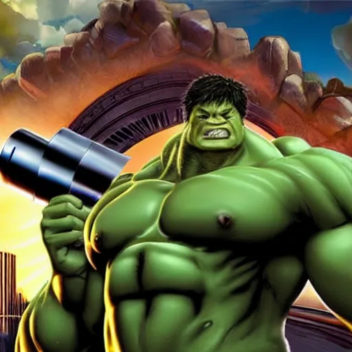 Image similar to hulk as president of united states, with huge bazooka, on car, unreal engine art, detail, by kresto the artist