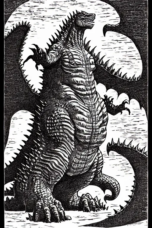 Prompt: godzilla as a d & d monster, full body, pen - and - ink illustration, etching, by russ nicholson, david a trampier, larry elmore, 1 9 8 1, hq scan, intricate details, inside stylized border