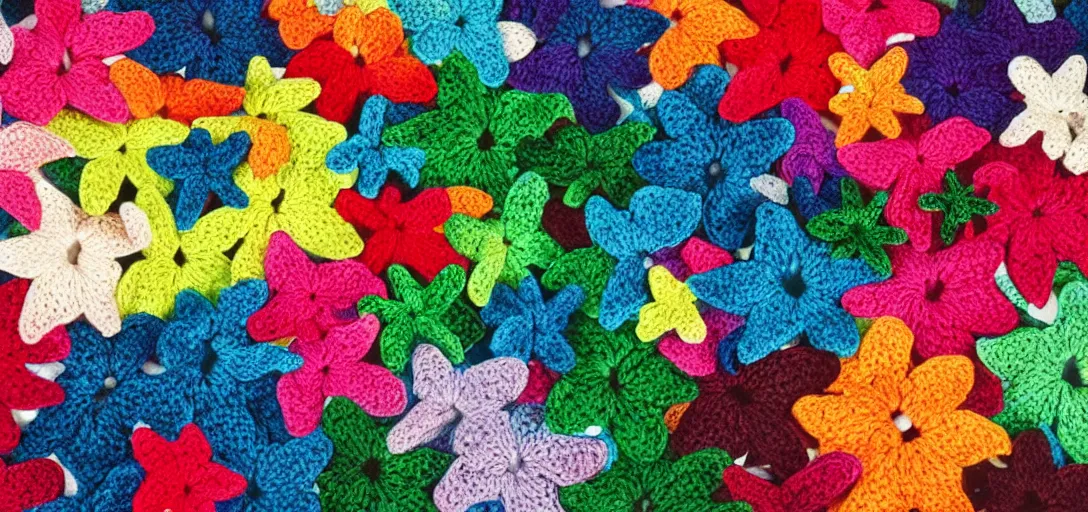Image similar to multicolored crocheted stars, 1 9 8 0 s catalogue photo